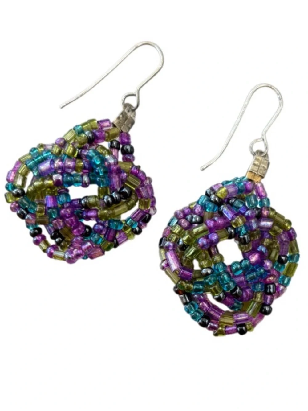 Vintage Beaded Earrings Handmade Flower Dangle Wire Coquette Blue Purple Rose